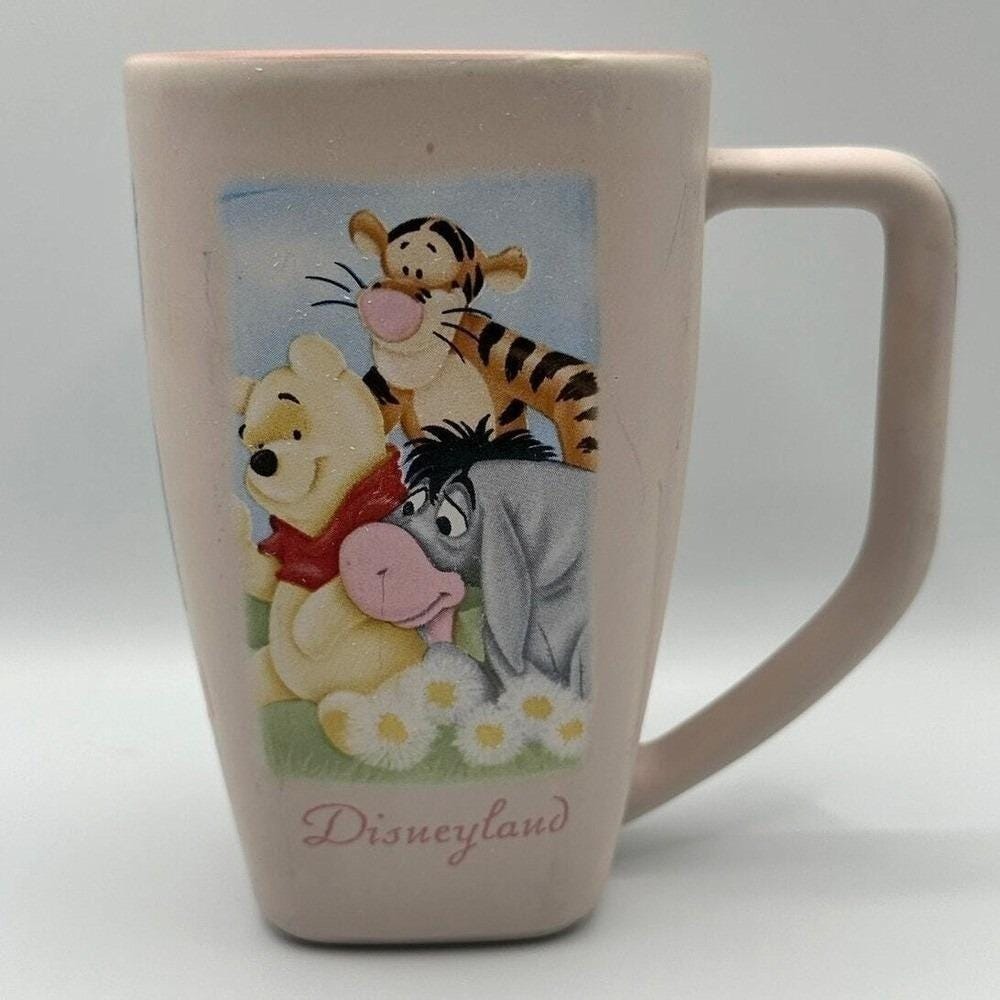 VTG Disneyland Ceramic Winnie the Pooh, Tigger, Eyeore Square Pink Mug